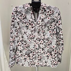 Talbots Floral Button Front Blouse Women's Medium Gray Burgundy Long Sleeve top